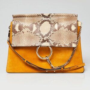 Chloe Gold Yellow Suede and Python Medium Faye Shoulder Bag